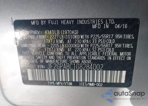 2016 Subaru Crosstrek 2.0I Premium from USA, damaged, VIN JF2GPABC1G8284002